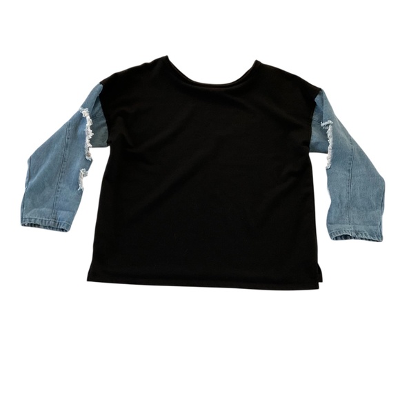 Reserved Women’s Sweatshirt Sz M Black Denim Distressed Sleeves Grunge Edgy Top - Picture 3 of 12